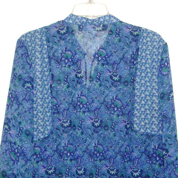 Susan Lucci Boho Blue Floral Chiffon 1/4 Button Front Long Sleeve Blouse Size L - Picture 10 of 11